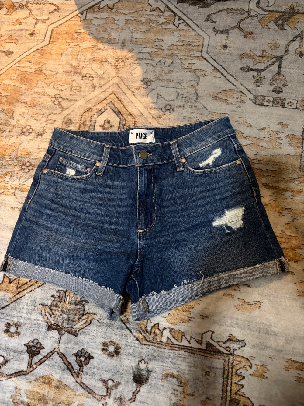 PAIGE Indigo Distressed Roll-Hem Denim Shorts